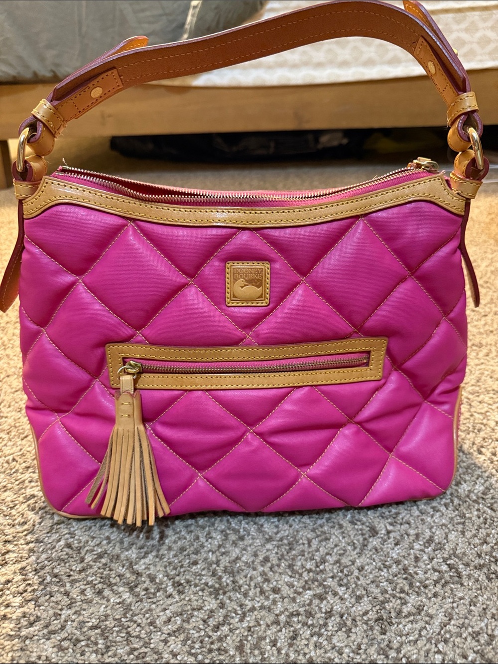 Dooney & Bourke Hot Pink Quilted Leather Shoulder Bag with Tan Trim